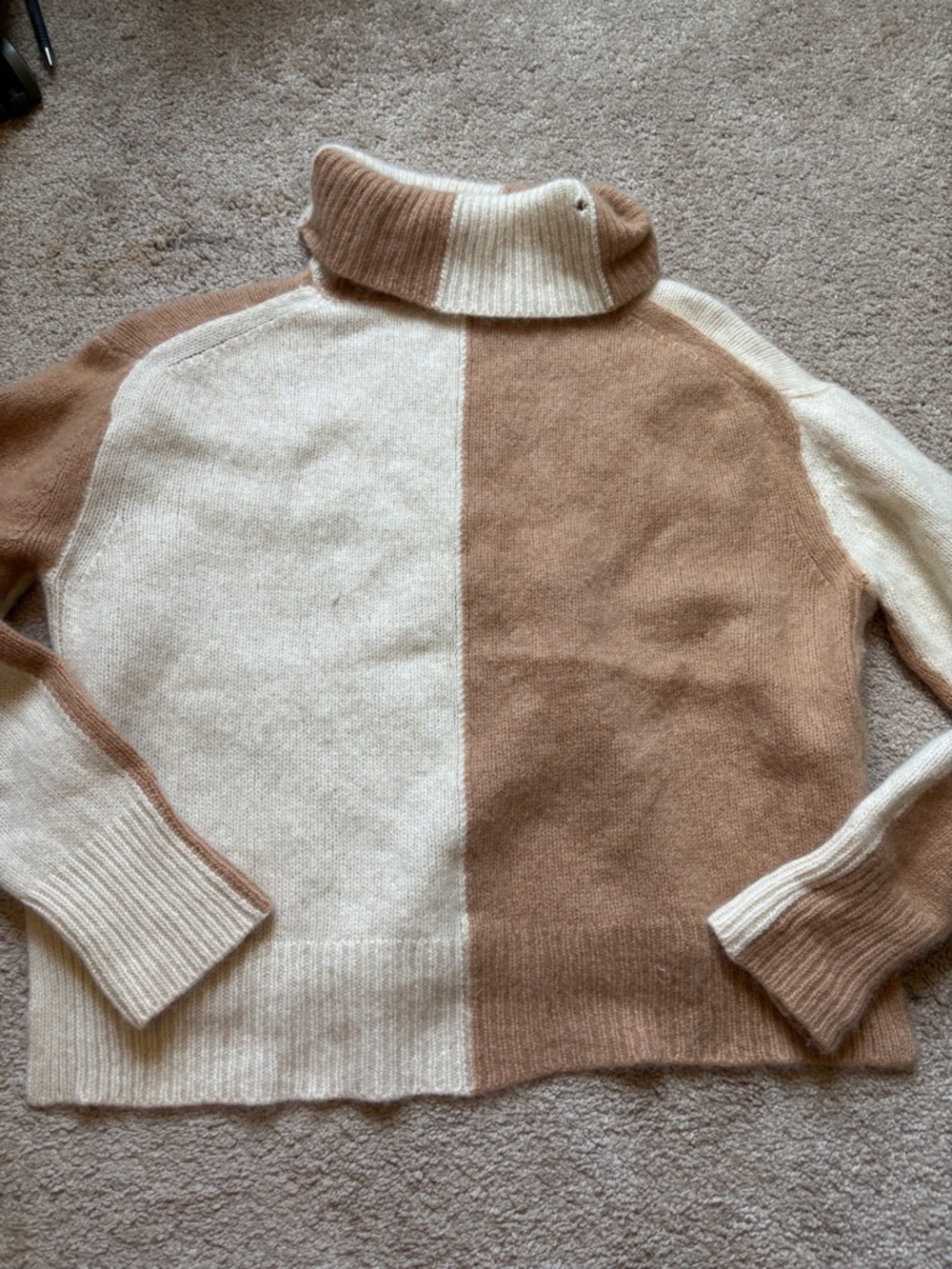 Magaschoni Two-Tone Cowlneck Sweater in Cream & Tan